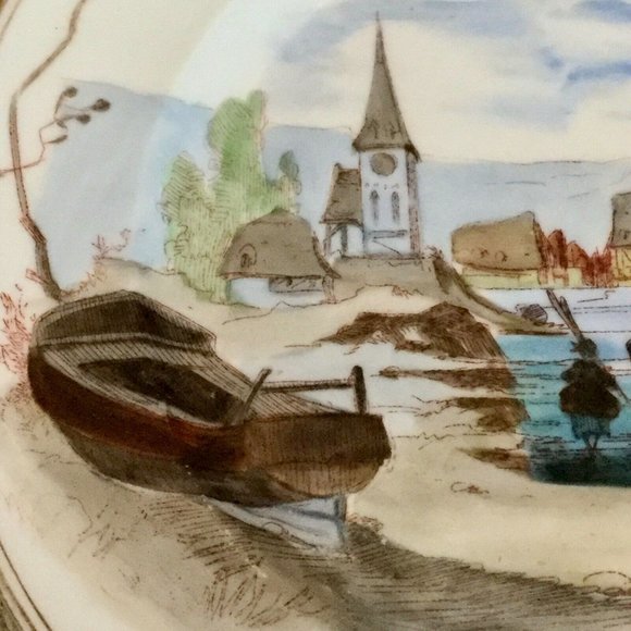 Antique Hand Painted Plate Fischer Mieg Village Water Scene - Picture 3 of 6